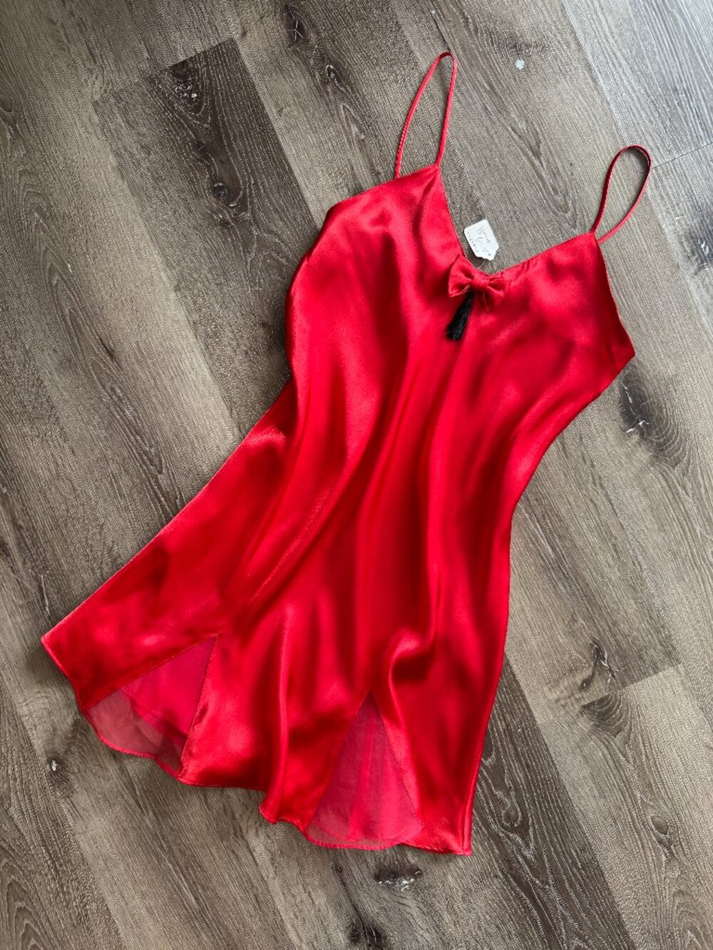 Vintage 1980s Jessica Red Satin Slip Dress | Mesh Trim Bow & Tassel Lingerie S